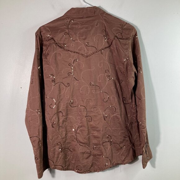 Womens Wrangler Western Pearl Snap Shirt L Embroidered Sequins Brown Cotton - Picture 2 of 8